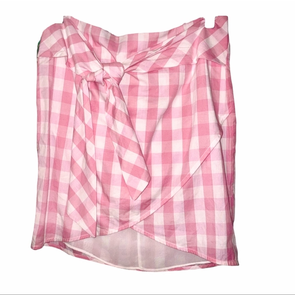 Story 100% Cotton Lined, Pink & White Gingham Wrap Style Skirt W/ Zip Up Bk New!